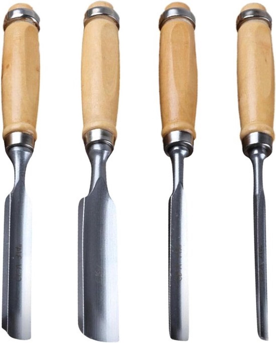 Houtbewerking Beitelset - Houten Snijset - Precisie Houtsnijden - Ergonomische Houten Handgrepen - 4 Delen 6-24mm - Houtkleur