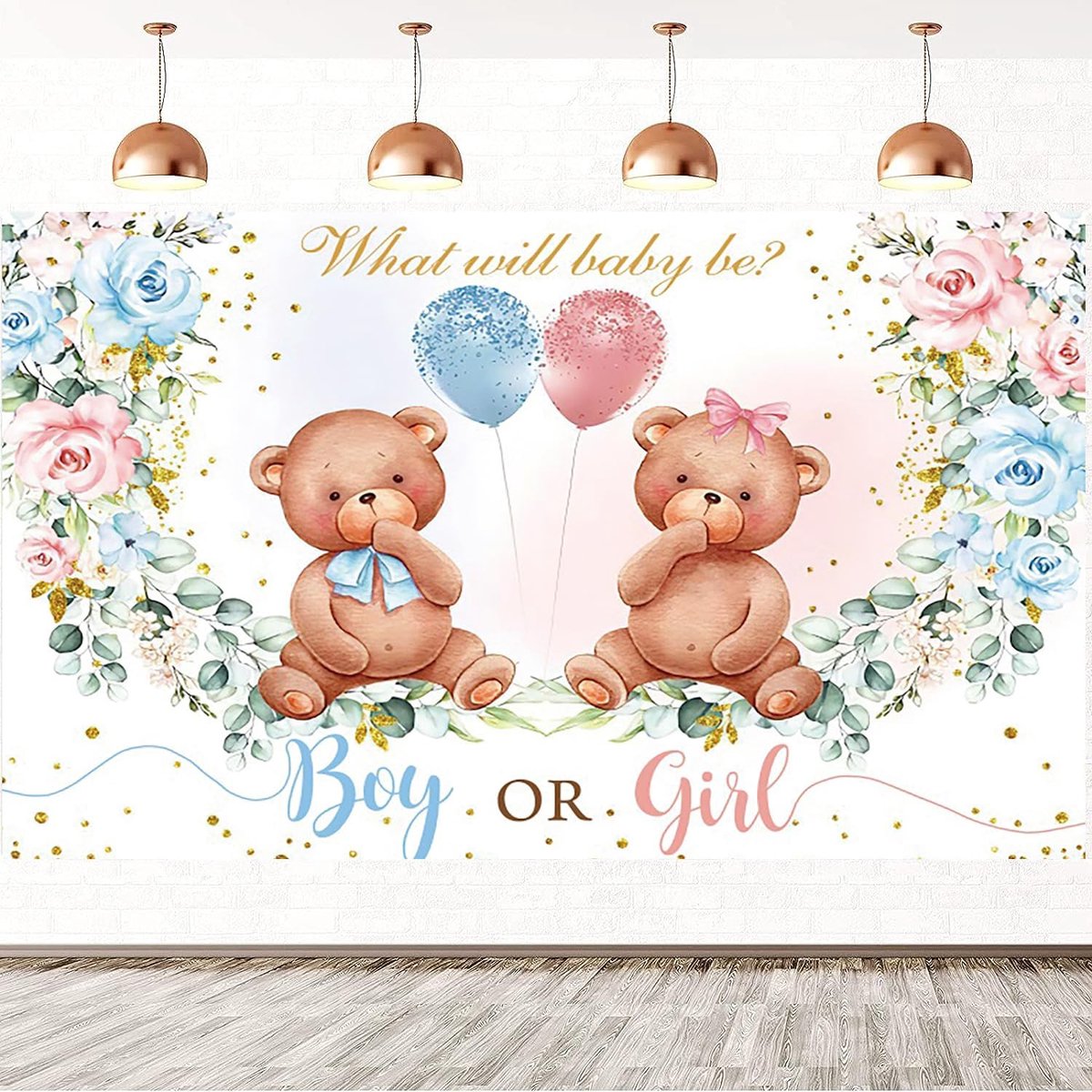 8x6FT Geslacht Onthullen Achtergrond Beer Jongen of Meisje Wat zal de baby zijn Blush Roze Blauw Bloemen Fotografie Achtergrond Geslacht Onthullen Feest Taart Tafel Decoraties Banner Foto Booth Props