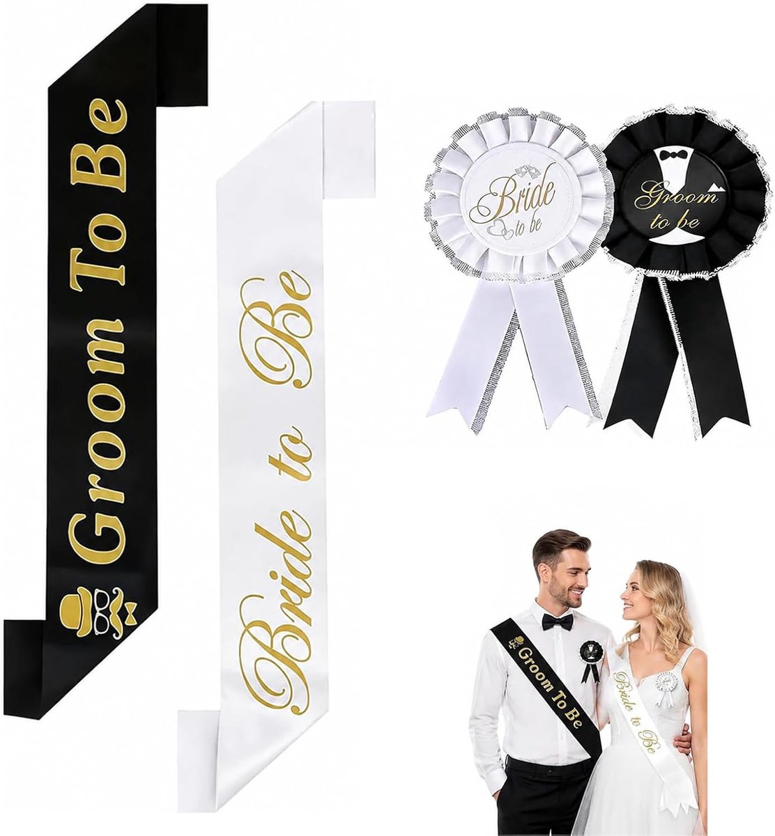 Bruid en Bruidegom Schouderband en Badge Set 4 Delig Wit Goud Feestaccessoires Voor Vrijgezellenfeest Verlovingsfeest Bruiloft Huwelijksfeest en Fotoshoot