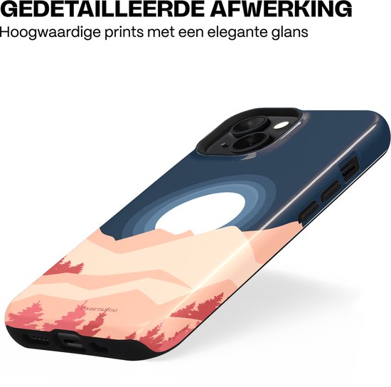 Telefoonhoesje met berglandschap en maanlicht in de kleuren blauw, lichtroze en rood. Elegante glans.