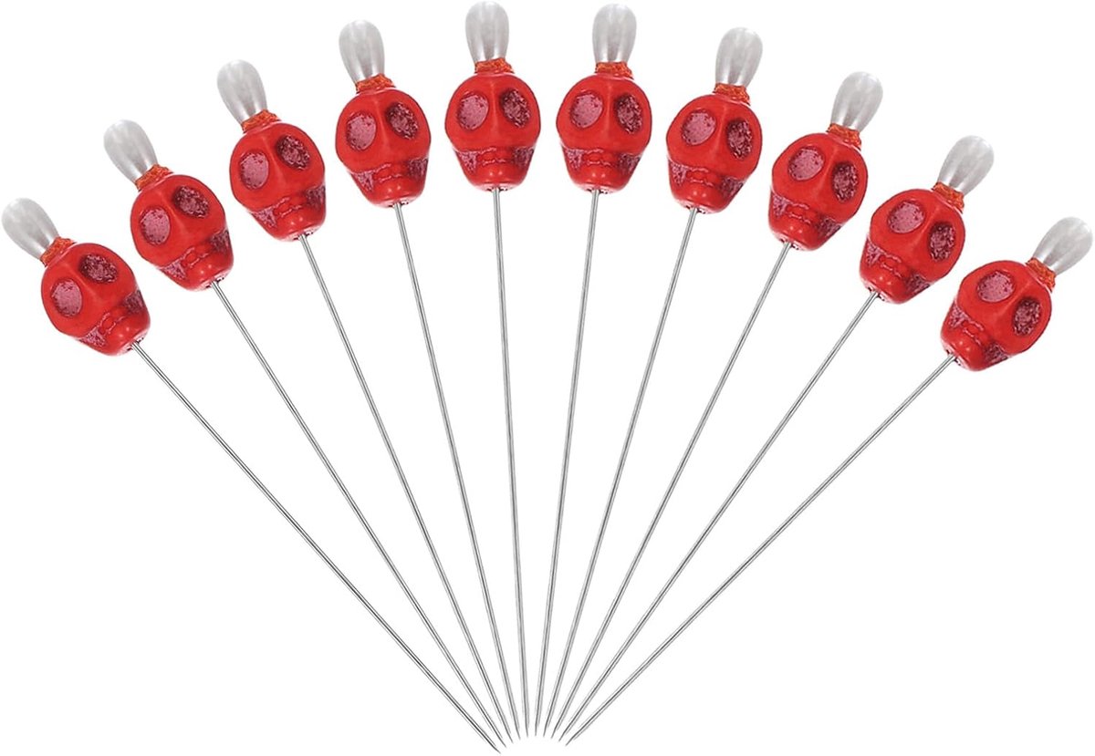 3 inch schedel naaipenden, 10 stuks stalen voodoo rechte pinnen met schedel hoofd voor stof doe-het-zelf decoratie knutselen quilten naaien benodigdheden, rood
