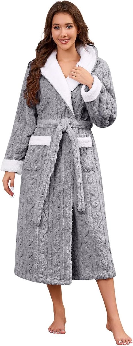Badjas voor dames, pluizige lange badjas met capuchon, zachte fleece pluche badjas, grote maat, warme, gezellige huisjas met 2 zakken, luxe loungewear, lange nachtkleding