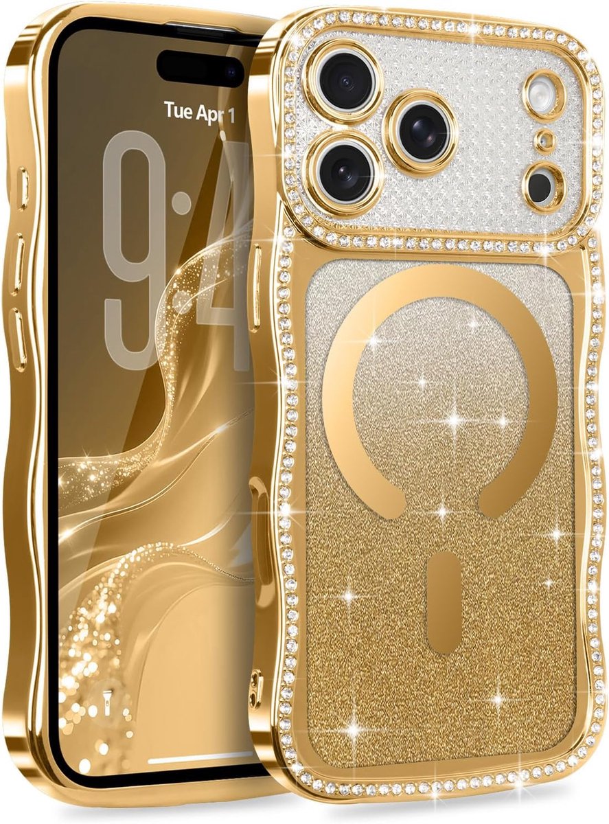 Hoesje compatibel met iPhone 17 Pro, plating, magnetisch, glitter, telefoonhoes, krullend golven, framevorm, pailletten, design, case voor meisjes, goud