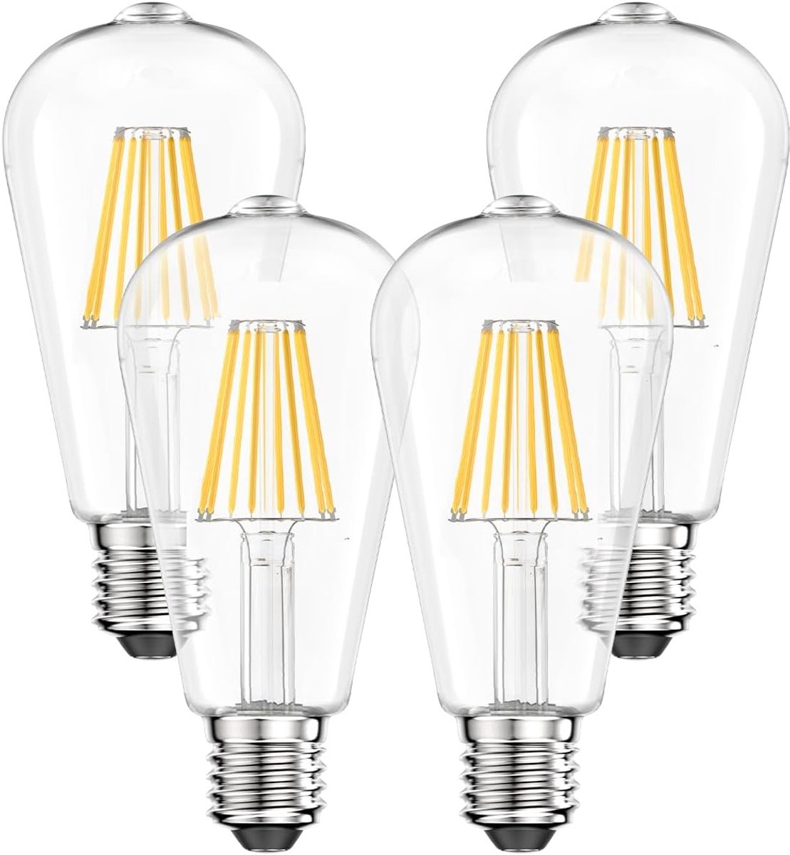 LED Edison Gloeilamp, 8W 4000K Neutraal wit LED-lamp, ST64 Edison Antieke Lamp, 1100lm, Niet dimbaar, Natuurlijk licht Decoratieve en Retroverlichting, 4 Stuks