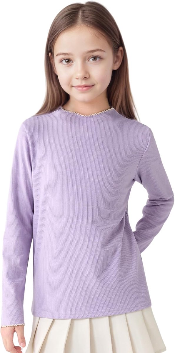 Thermoshirt Kinderen Zacht Basic Bovenkleding Langmouwen Warm Ondershirt Halfhoge Kraag met Golfrand Ondertrui Slim Fit Pullover voor Casual School 7–13 jaar
