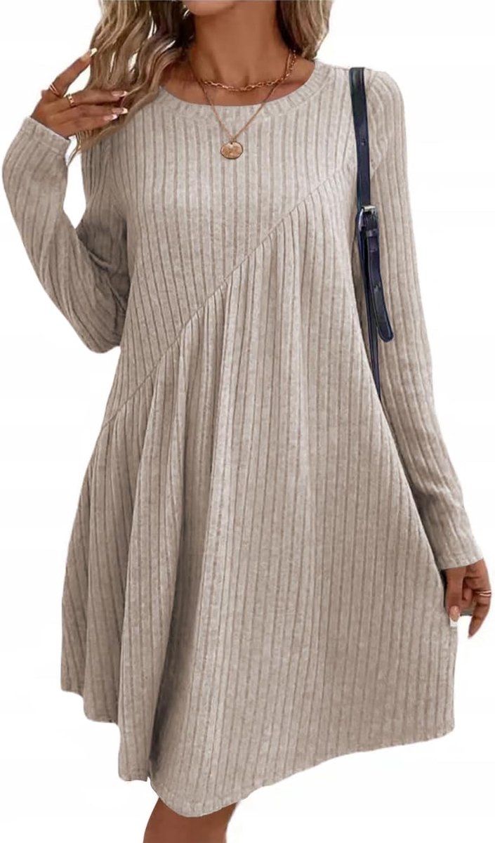 Jurk voor dames, lange mouwen, herfst, winter, casual, ronde hals, gebreide jurk, elegante korte jurk, zacht, warm, knielang, A-lijn, losse lange trui voor leggings