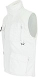 Witte bodywarmer met opstaande kraag, diverse zakken met rits en knoop.