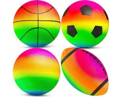 Ball Set (4 Pack) - 5-Inch Rainbow Mini Basketball, Soccer, Football & Playground Balls w/Hand Pump - Fun Indoor Outdoor Toys for Toddlers, Little Kids, Preschoolers & Early Play