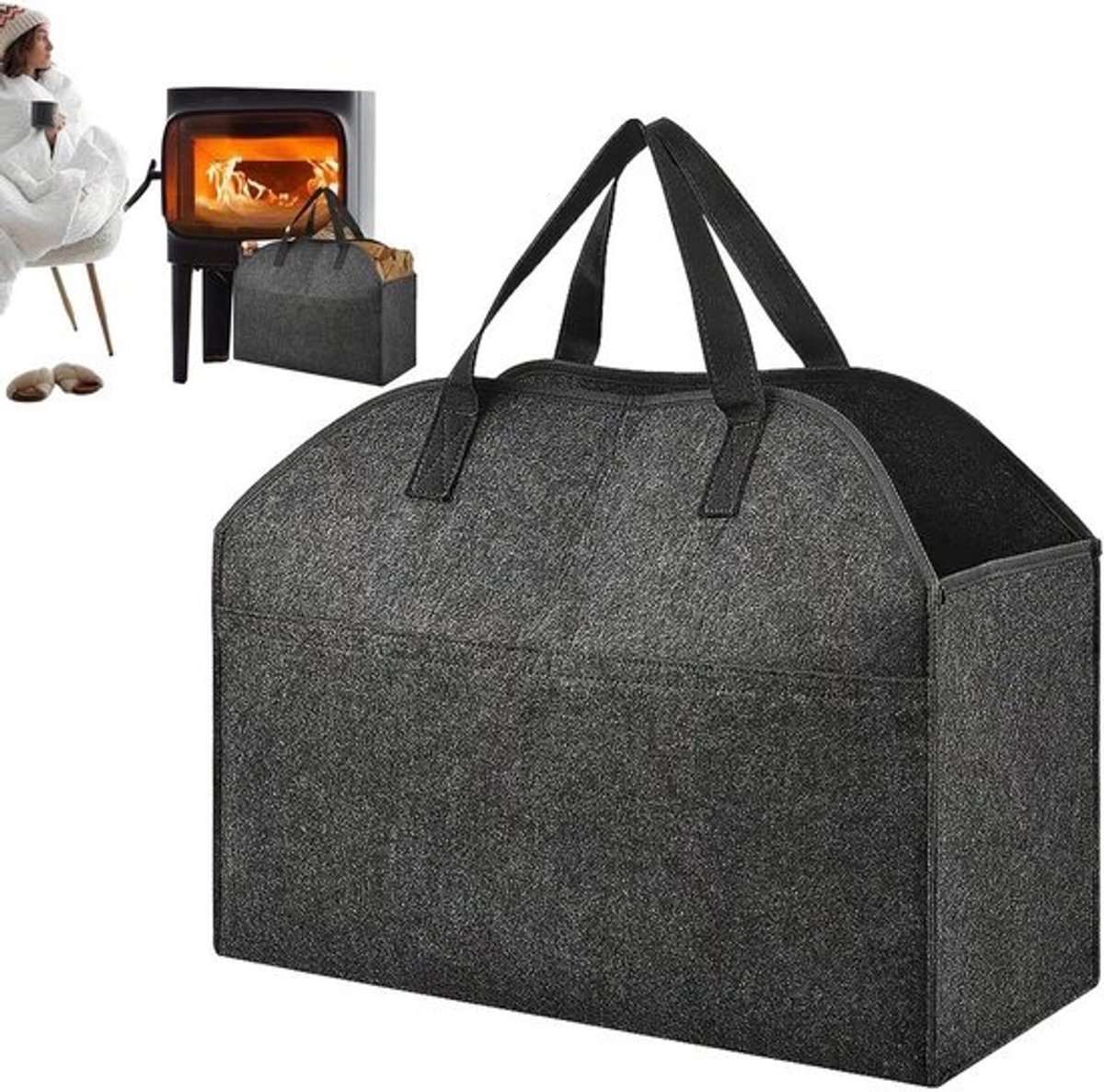 Brandhoutmand Vilt - Draagtas Hout - Haard Aanmaken - Robuuste Handgrepen - 55x25x43 cm - Grijs