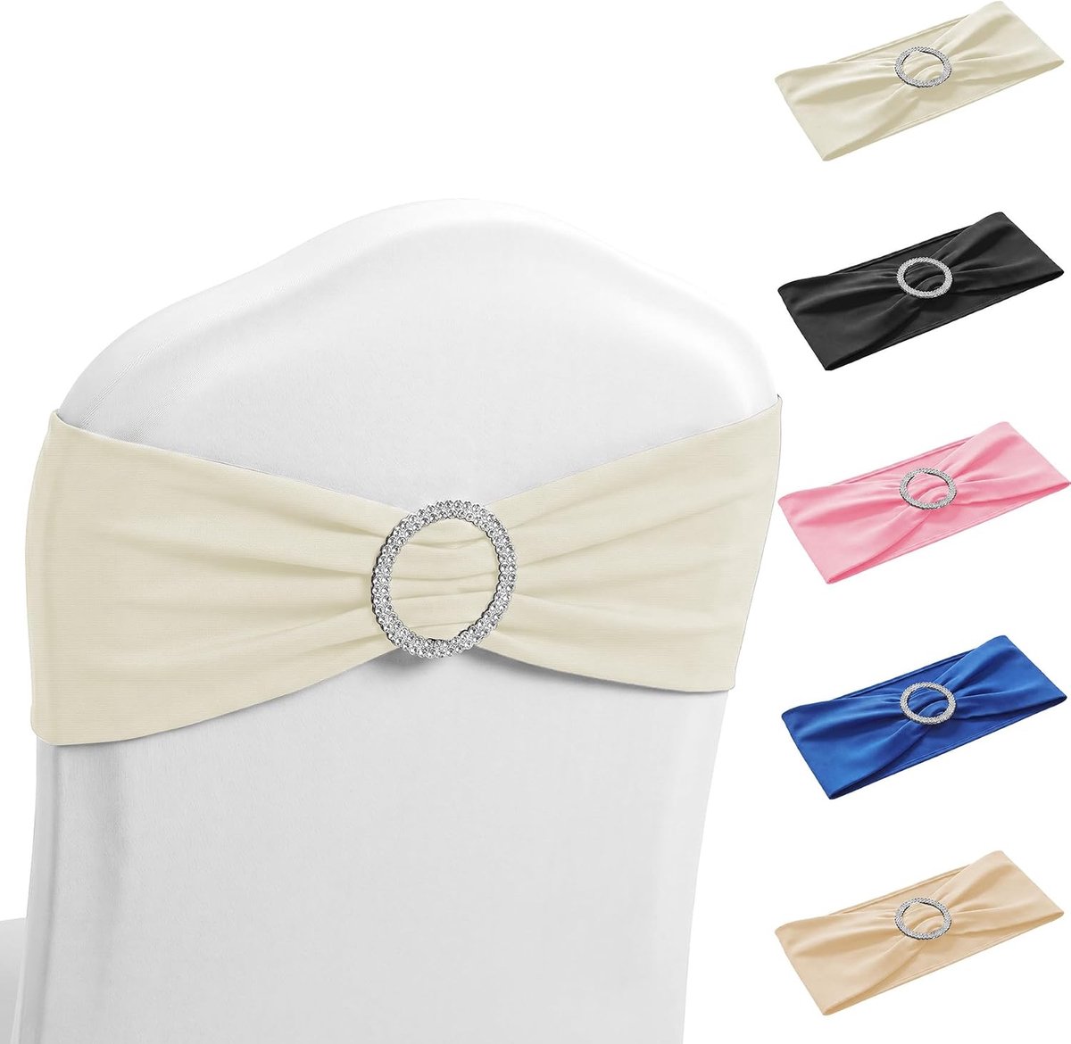 10 stuks stoelstrikken, stretch met gesp, elastische stoelbanden met strik van polyester, stoeldecoratie, crèmewit, voor bruiloft, banket, feest, verjaardag en evenementendecoratie