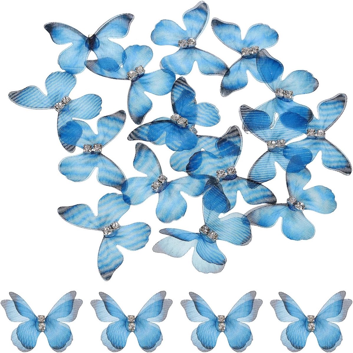 20 stuks vlinderapplicaties van transparant mesh, 30 mm, twee lagen, vlinders, met applique, edelsteen, doe-het-zelf, 3D-ornament, voor decoratie van bruiloft, feest, huis, kleding, blauw