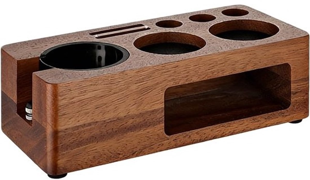 Tamperstation - Koffie Accessoirehouder - Espresso Bereiding - Unieke Houtnervatuur - 26 x 13 x 9 cm - Okkernoot