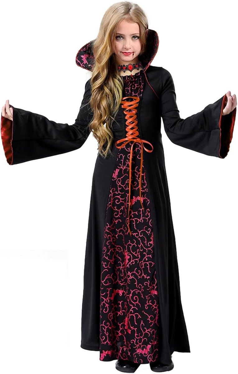 vampierkostuum voor meisjes, vampierkostuum, Halloween-kostuum met halsketting en haarspeld, voor meisjes, vampier, gothic, prinses, koningin, kostuum voor Halloween, carnaval,