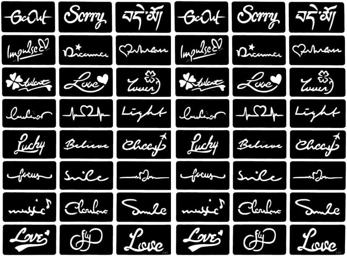 48 stuks tattoosjablonen, tattoo-sjablonen, letters, tattoo-sjablonen, set S-25 x 2