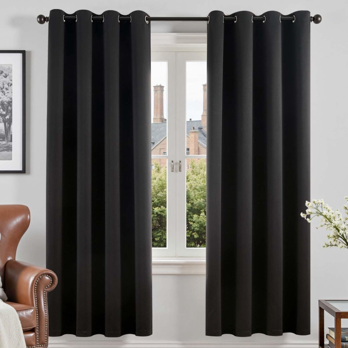 Ondoorzichtige gordijnen, H 200 x B 140 cm, set van 2 zwarte gordijnen met inslagringen, woonkamer, verduisteringsgordijn, slaapkamer, modern, gordijn met inslagringen