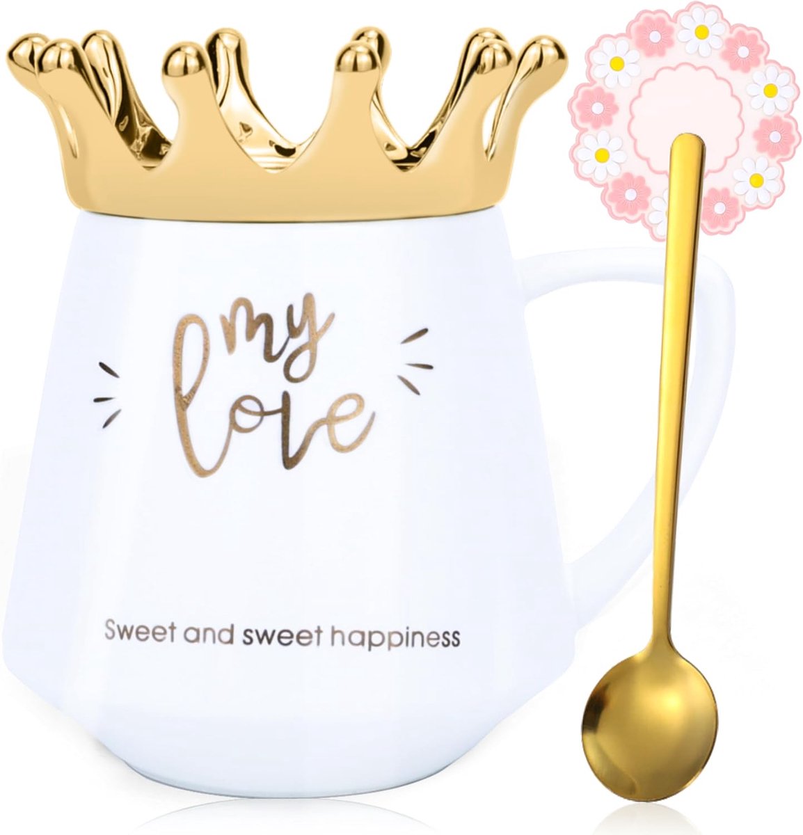 My Love Mok Met Deksel Zoete Witte Mok Met Kroon Koffie Mok Gift Met Lepel & Onderzetter 350 Ml Keramische Theemok Voor Vrouwen Meisjes Moeder Vriendin