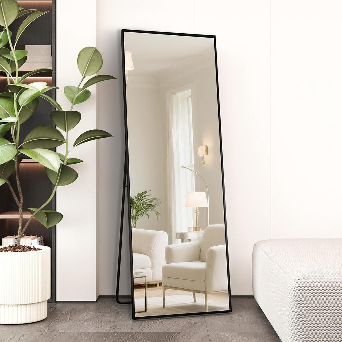Spiegel met metalen frame, 140 x 40 cm, HD-afbeelding, met haken, voor woonkamer of kleedkamer, verkrijgbaar in zwart en goud