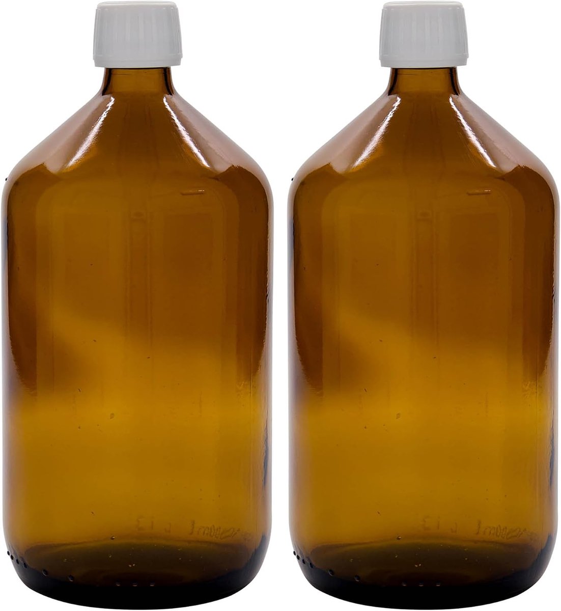 1 liter medicijnfles van bruin glas in set van 2 met witte schroefsluiting