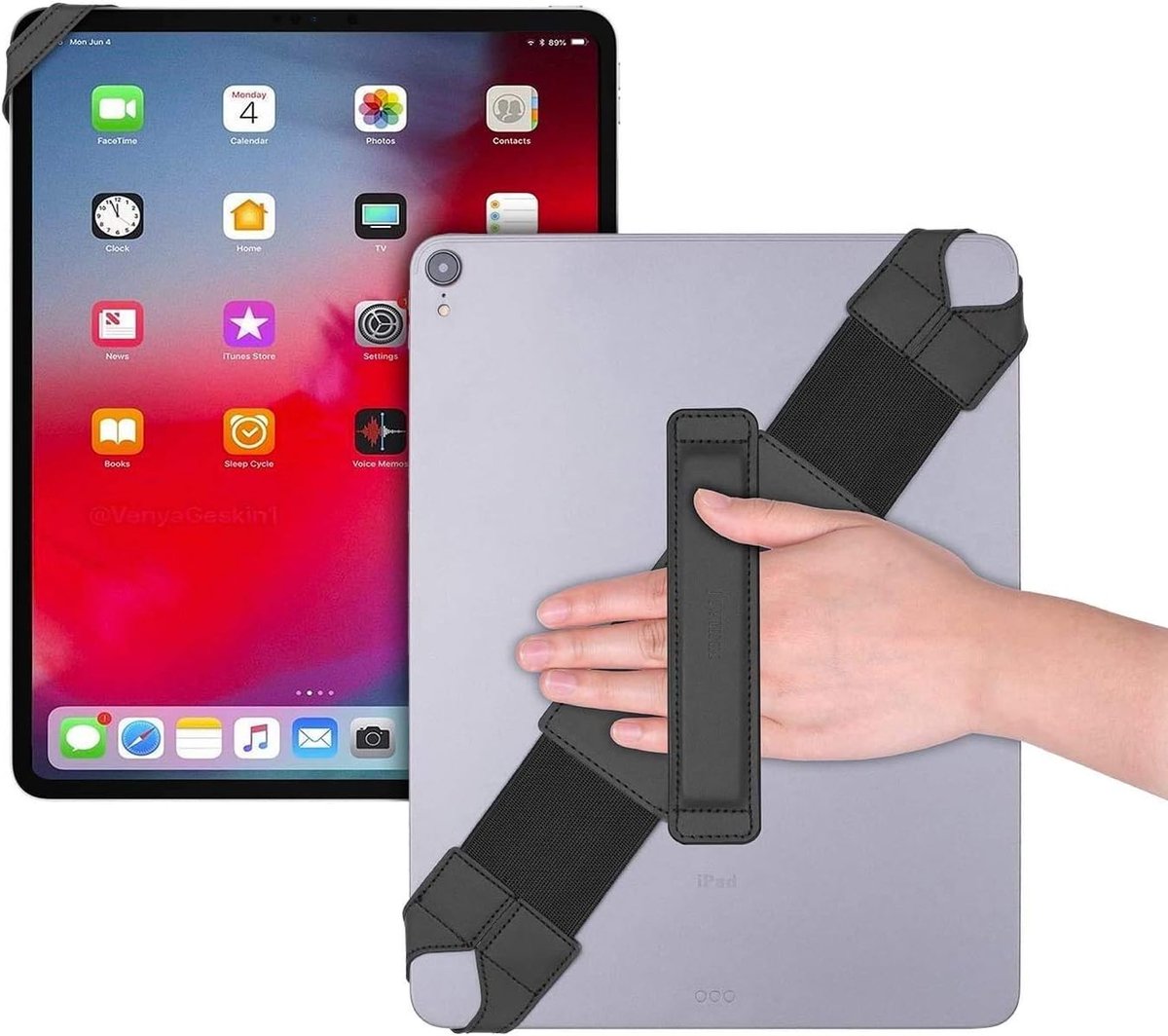 joylink Universele tablet handriemhouder, 360 graden draaibare lederen handgreep met elastische riem, veilig en draagbaar voor 12,9-inch tablets (iPad Pro 2018), zwart