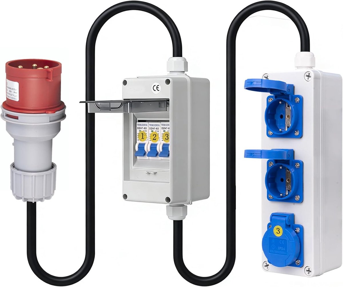 380V naar 220V (32A naar 16A) - krachtstroomadapter 5-polige 32A CEE-stekker naar 16A stopcontact met 3X 16A stroomonderbreker - IP54 verdeler met 3X 16A Schuko, 1M sterke