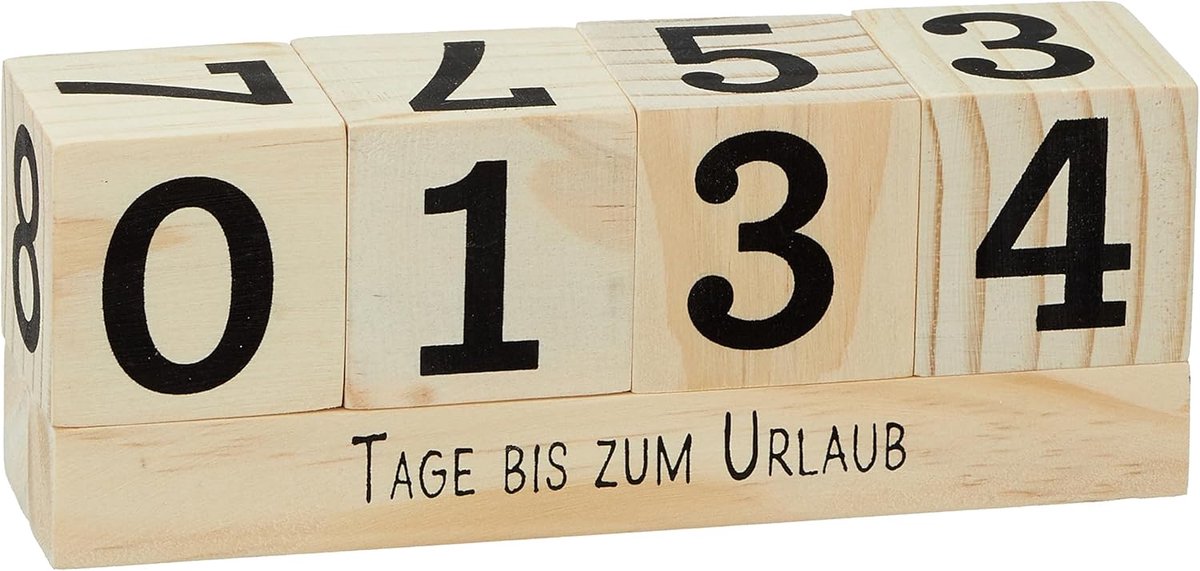 Houten kubus, 16 x 6 cm, dagteller-kalender met 8 spreuken, permanente kalender voor bruiloft, examens, verjaardag, pensioen, vakantie, Kerstmis