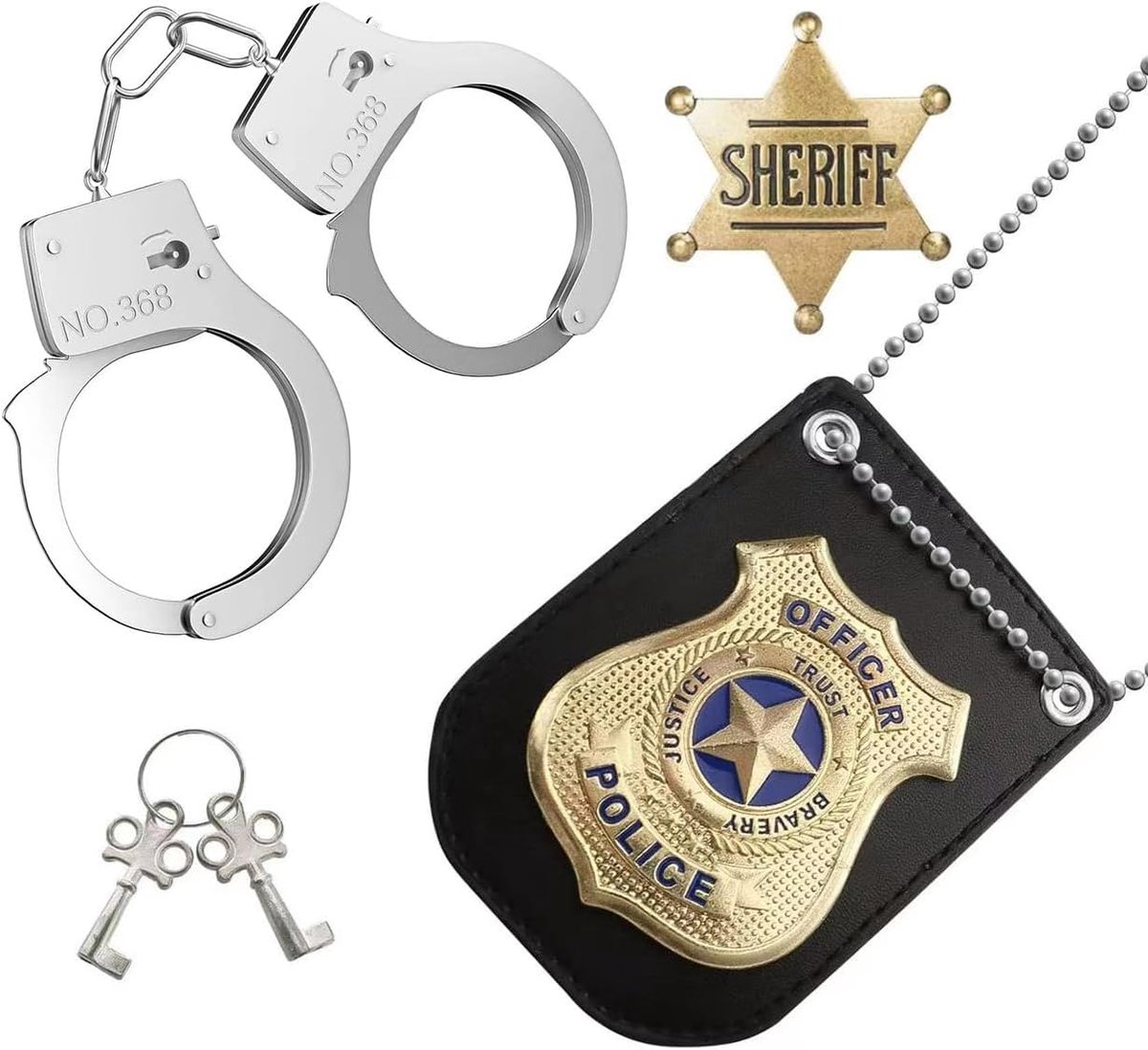 Dereine De politieagentenspeelset, 3-delige kostuumaccessoireset, politie, politie, handboeien voor kinderen, van metaal, pretend politie-accessoireset voor kinderen