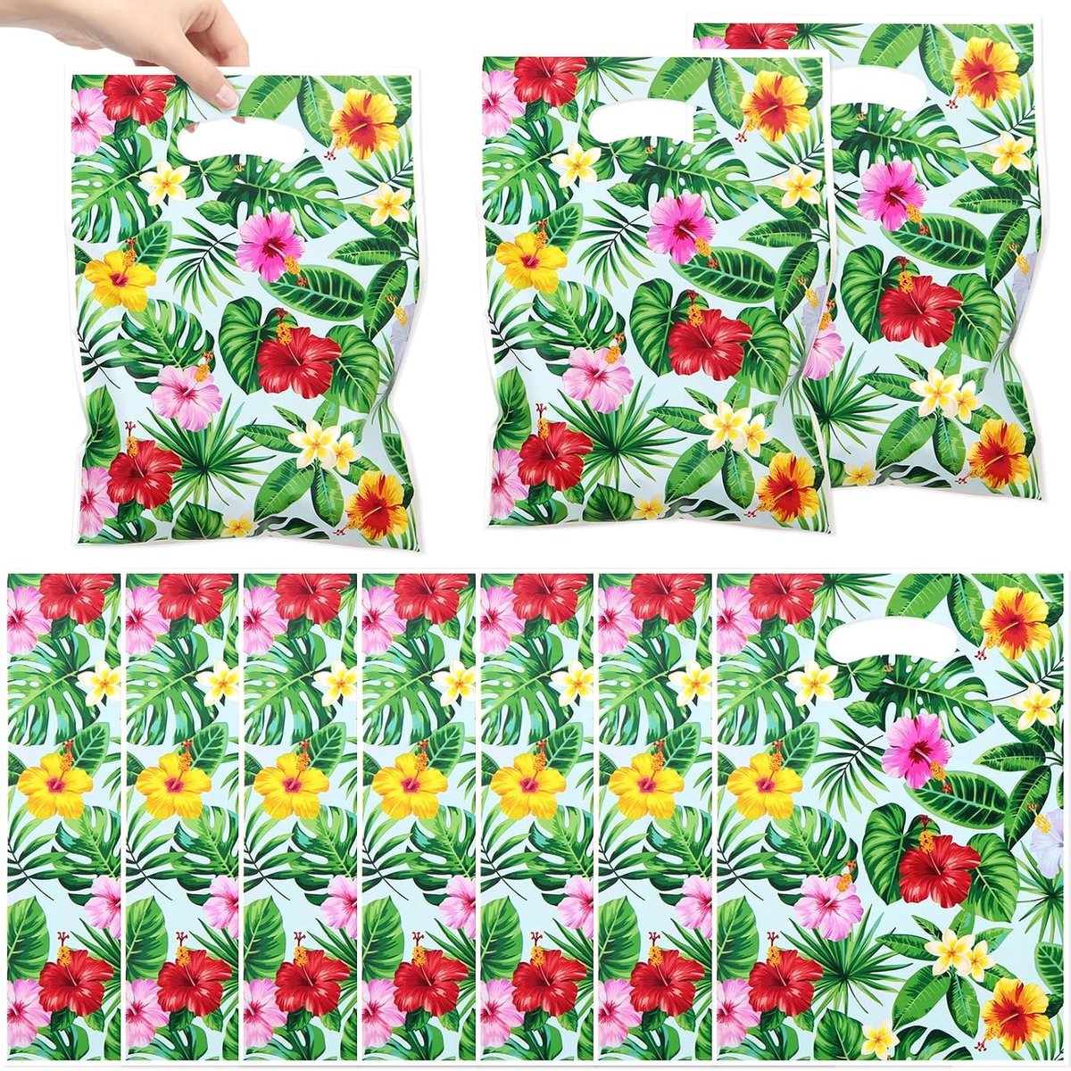 50 stuks Hawaiiaanse geschenkzakken, 18 x 25 cm, zomerse tropische bloemenpapieren zakken met handgrepen, Aloha thema Monstera bladeren en bloemen, Luau feestzakjes