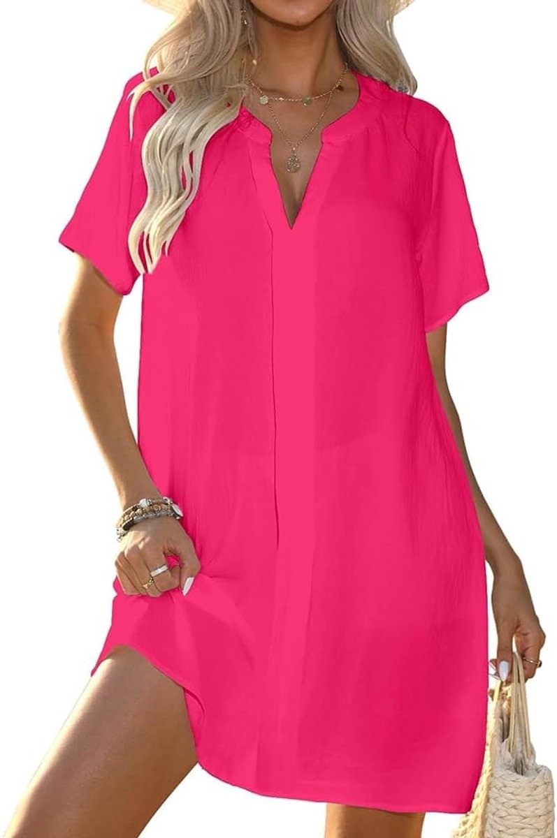 Strandjurk voor dames, V-hals, bikini, cover-up, korte mouwen, zomerjurk, losse strandponcho, casual strandkleding