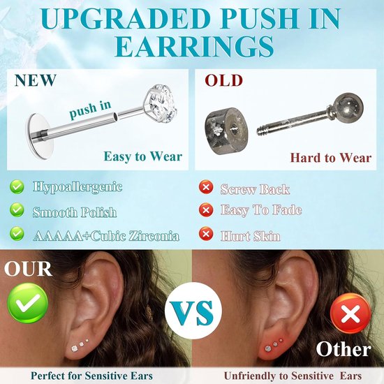 20G Threadless Oorbellen met platte achterkant, gouden tragus labret kraakbeen lip conch helix piercing sieraden hypoallergeen chirurgisch staal push in platte neus oorknopjes voor vrouwen — afbeelding 5