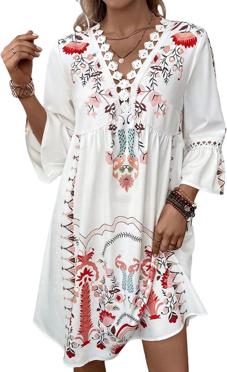 Damesjurk met V-hals, kanten inzetstukken en boho-print, casual, wijd gesneden strandjurk