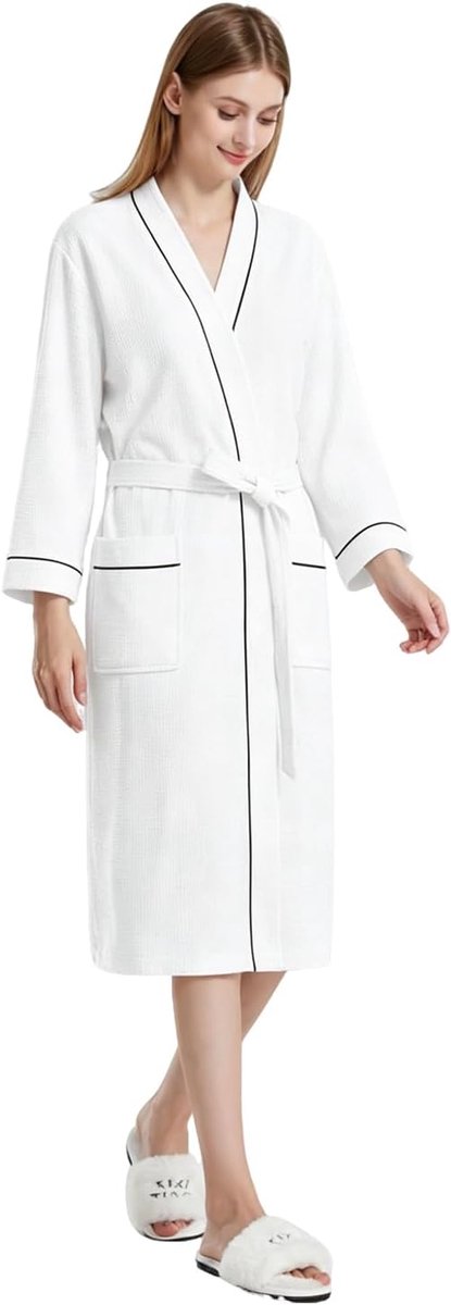 Badjas, katoen, dames en heren, wafelpiqué, ochtendjas, licht, behaaglijk, kimono, huisjas, lang, voor spa, huis en hotel — afbeelding 2
