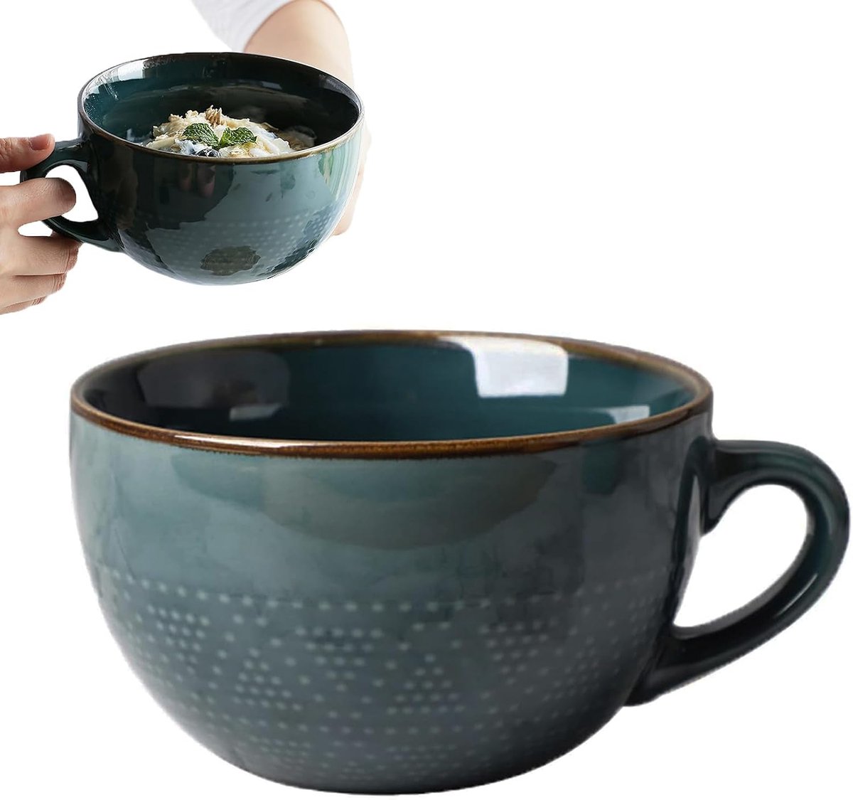 Mok van keramiek, jumbomok 700 ml, beker, koffiebeker met handvat, muesli, ontbijtbeker, magnetron, keramische kom, grote slakom, geschikt voor melkkoffie, desserts (zwartgroen)