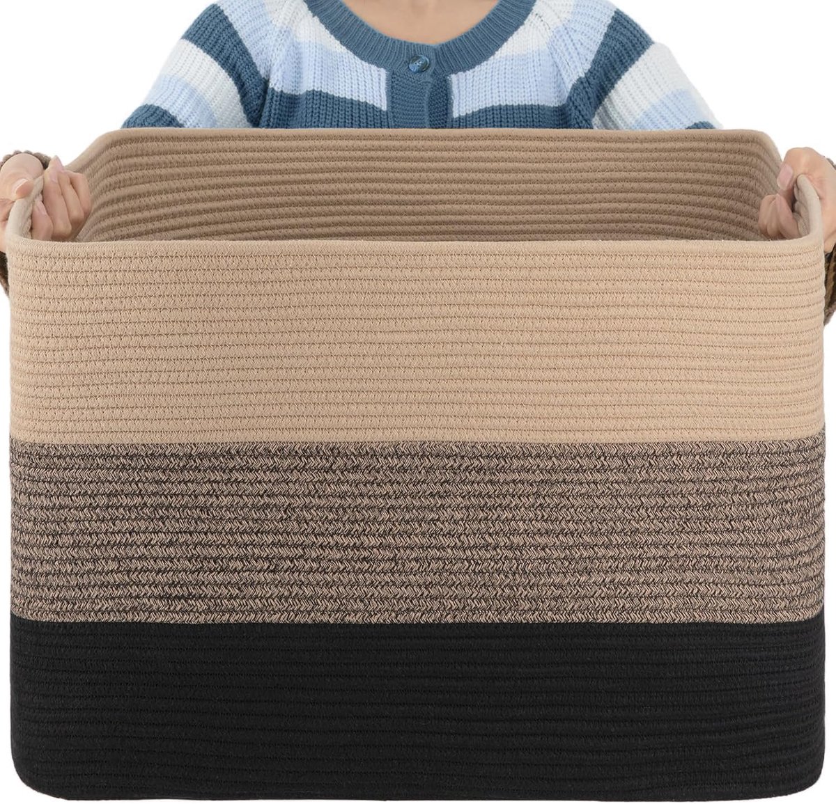 Wasmand gevlochten van katoen (55 x 43 x 30,5 cm) - handgemaakte wasverzamelaar met handvat - wit en bruin - vormvaste opbergmand voor wasgoed, speelgoed en meer (zwarte kaart)