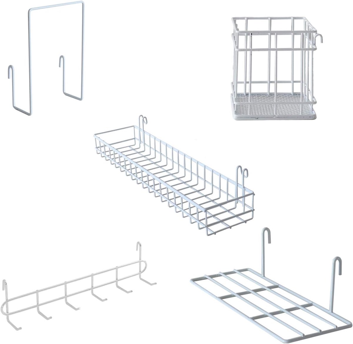 Hangmand, hangrek, penhouder, haakplank, boekenplank, wandrooster, accessoires, set van 5 (wit)