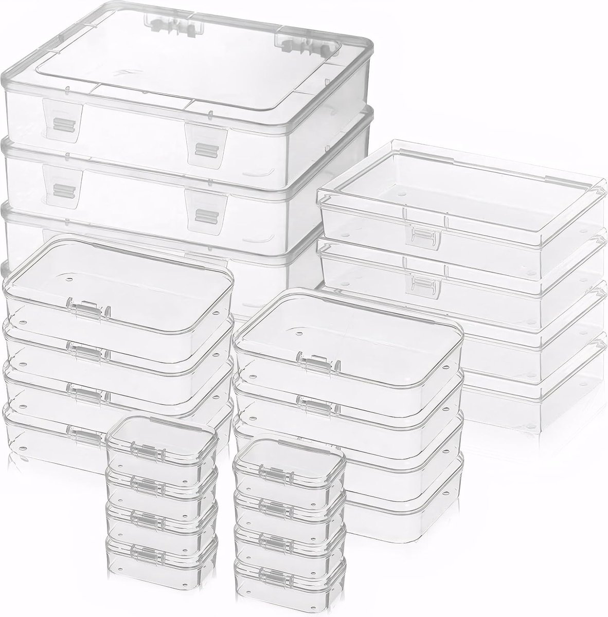 24 Stuks Vierkante Plastic Doos Deksel Mini Transparante Opslagdoos met OpvouwbareDeksel, Verschillende Maten, Kleine Items en Andere AmbachtelijkeItems