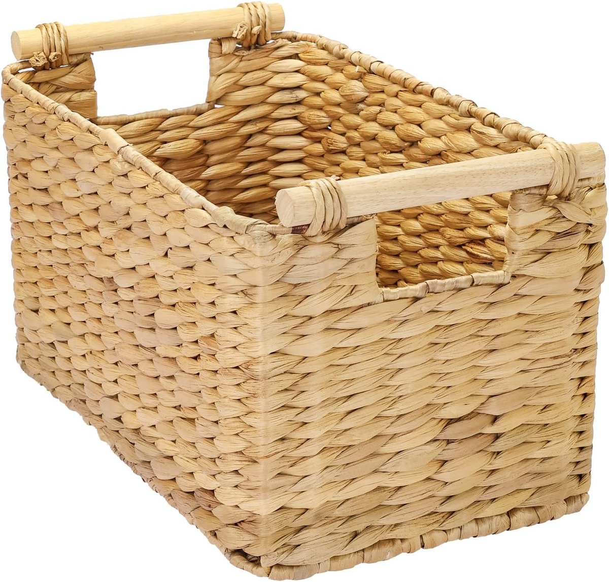 Opbergmand gevlochten van Waterhyacint, decoratieve Mand met houten Handgrepen voor opbergen in Badkamer, Woonkamer, Keuken | 37 x 22 x 20 cm | natuurkleur