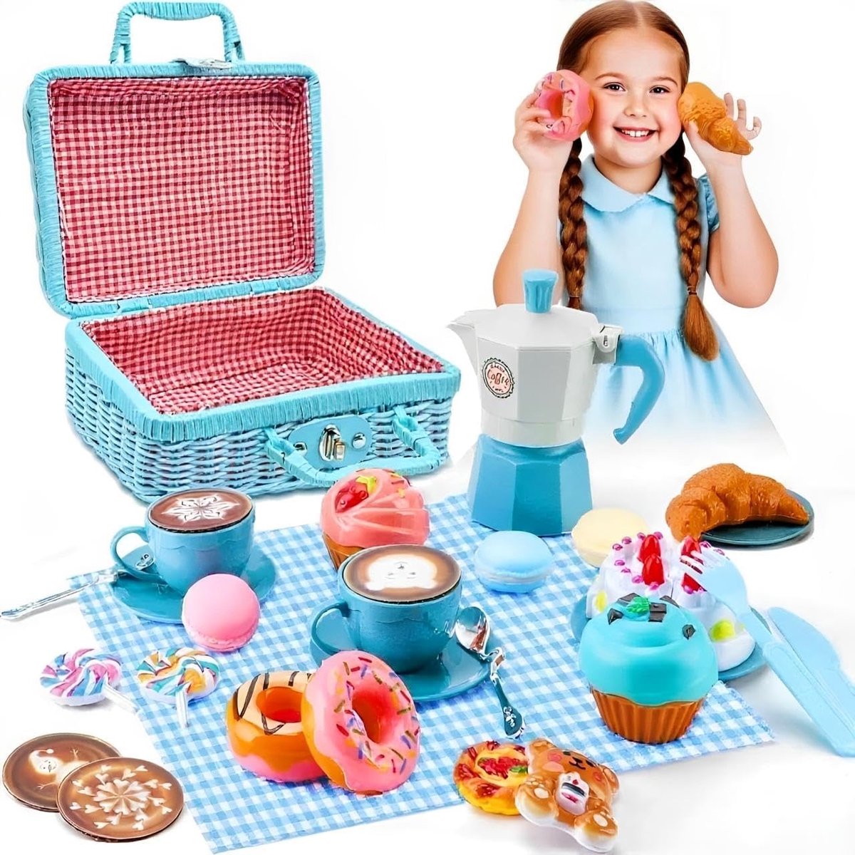 Picknickmand voor kinderen, picknickset met deken, snijbare cake, speelgoed koffer, dessert, speelgoed koffiezetapparaat, modderkeuken voor buiten, kinderkeuken accessoires 3 4 5 jaar (Blauw)