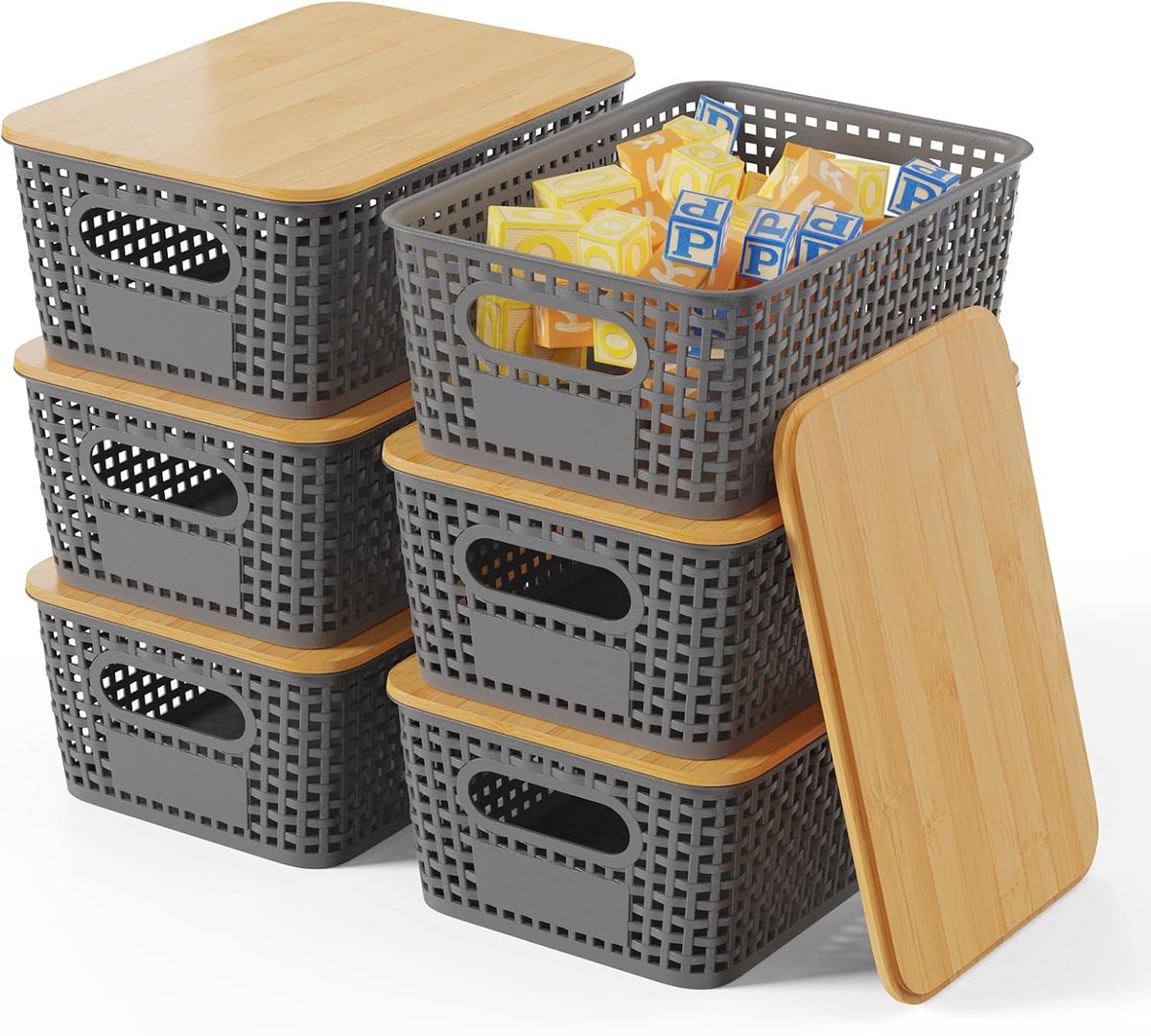 Set van 6 opbergdozen met bamboedeksel, 5 l opbergmand, kunststof mand, opbergdoos, keukenopbergdozen voor rekken, kasten, kasten en thuis (donkergrijs)