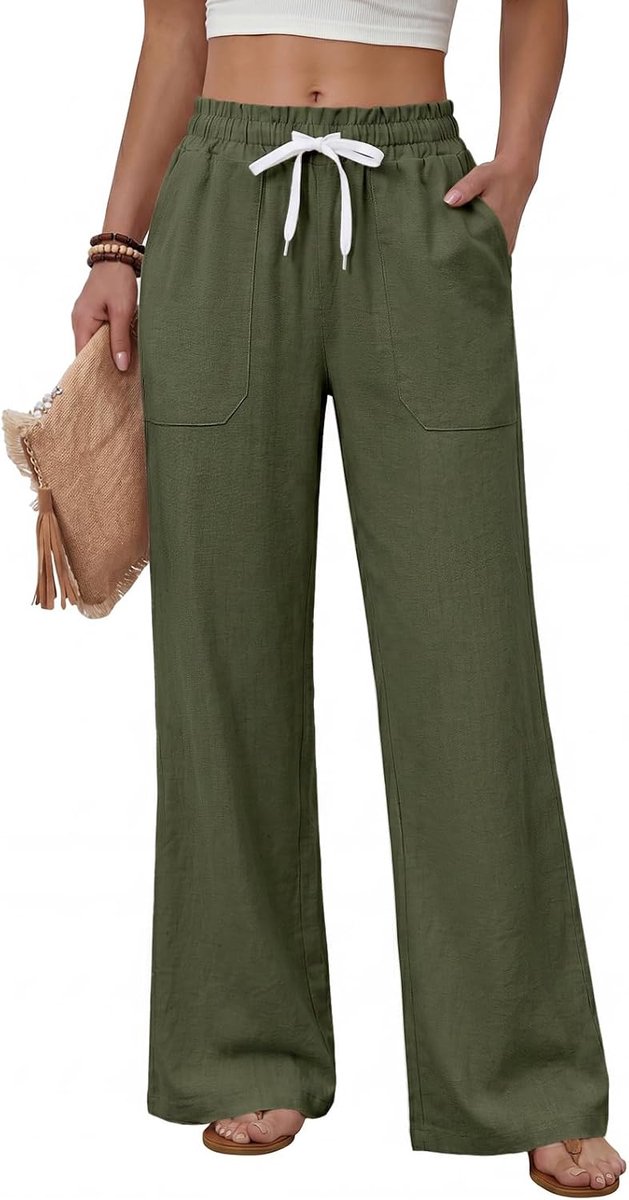 heekpek Dames zomerbroek losse lichtgewicht comfortabele dames rechte pijp broek elastische taille trekkoord casual broek voor vrouwen UK