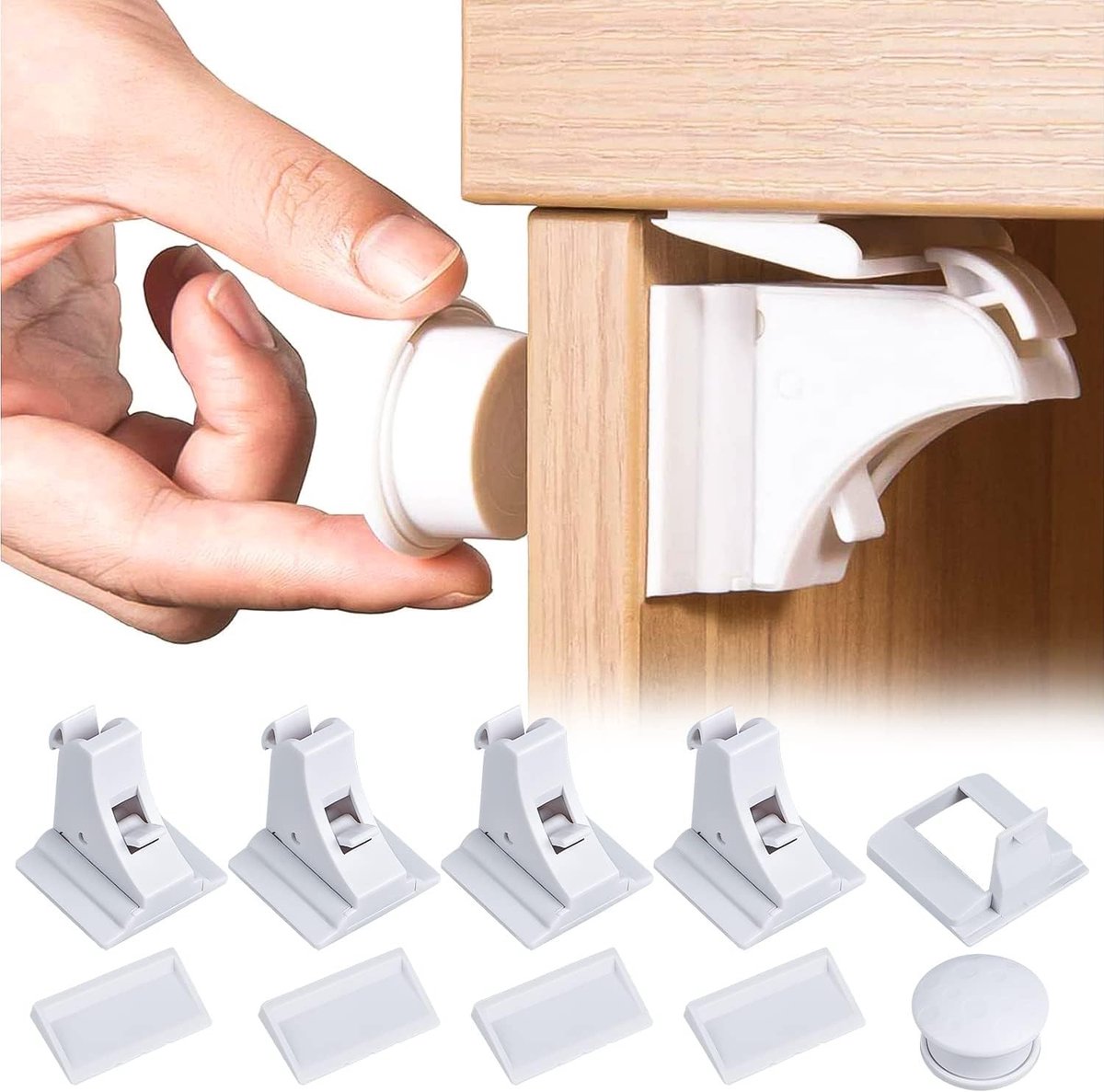 Veilige Kastsloten voor Kinderen, Magnetische Ladebeveiliging, Baby Veiligheidsslot voor Keuken en Slaapkamer - 4 Sloten en 1 Sleutel, Zelfklevend en Eenvoudig te Installeren