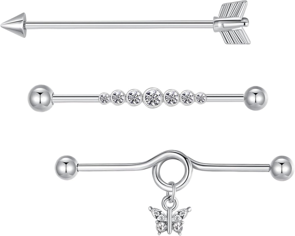 3 stuks industriële piercing bars 38 mm zilver zwart goud chirurgisch staal 14G Scaffold oor piercing barbell vlinder hart