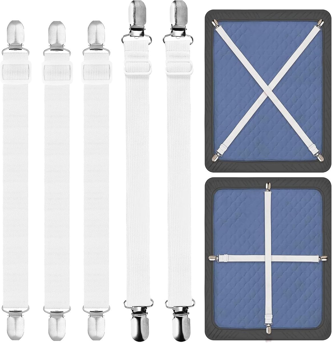 5 Stuks Witte Elastische Lakenspanner, Bedlaken Spanners met Metalen Clips, 2 Maten Verstelbare Lakenspanners, Elastische Hoesspanners Voor Bevestiging Van Bedden Tafelkleden Banken