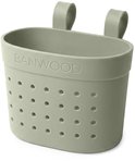 Lichtgroen Banwood mandje met gaatjes, logo zichtbaar, van schuin voor.