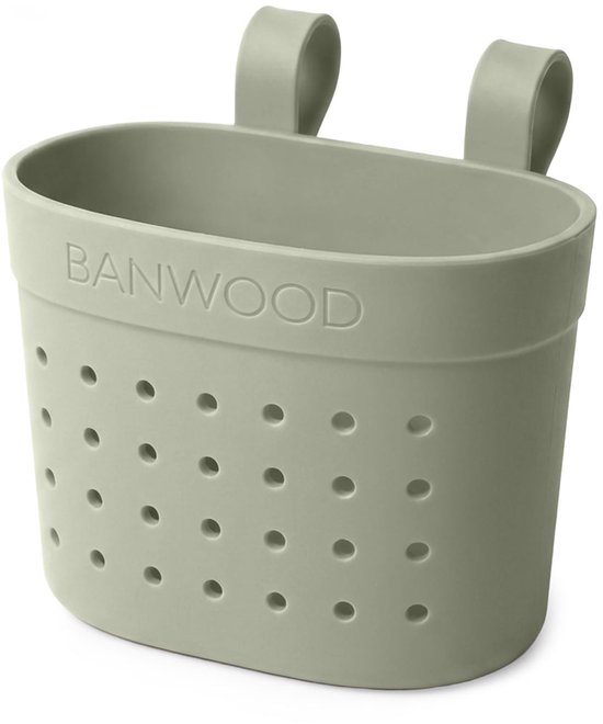 Lichtgroen Banwood mandje met gaatjes, logo zichtbaar, van schuin voor.