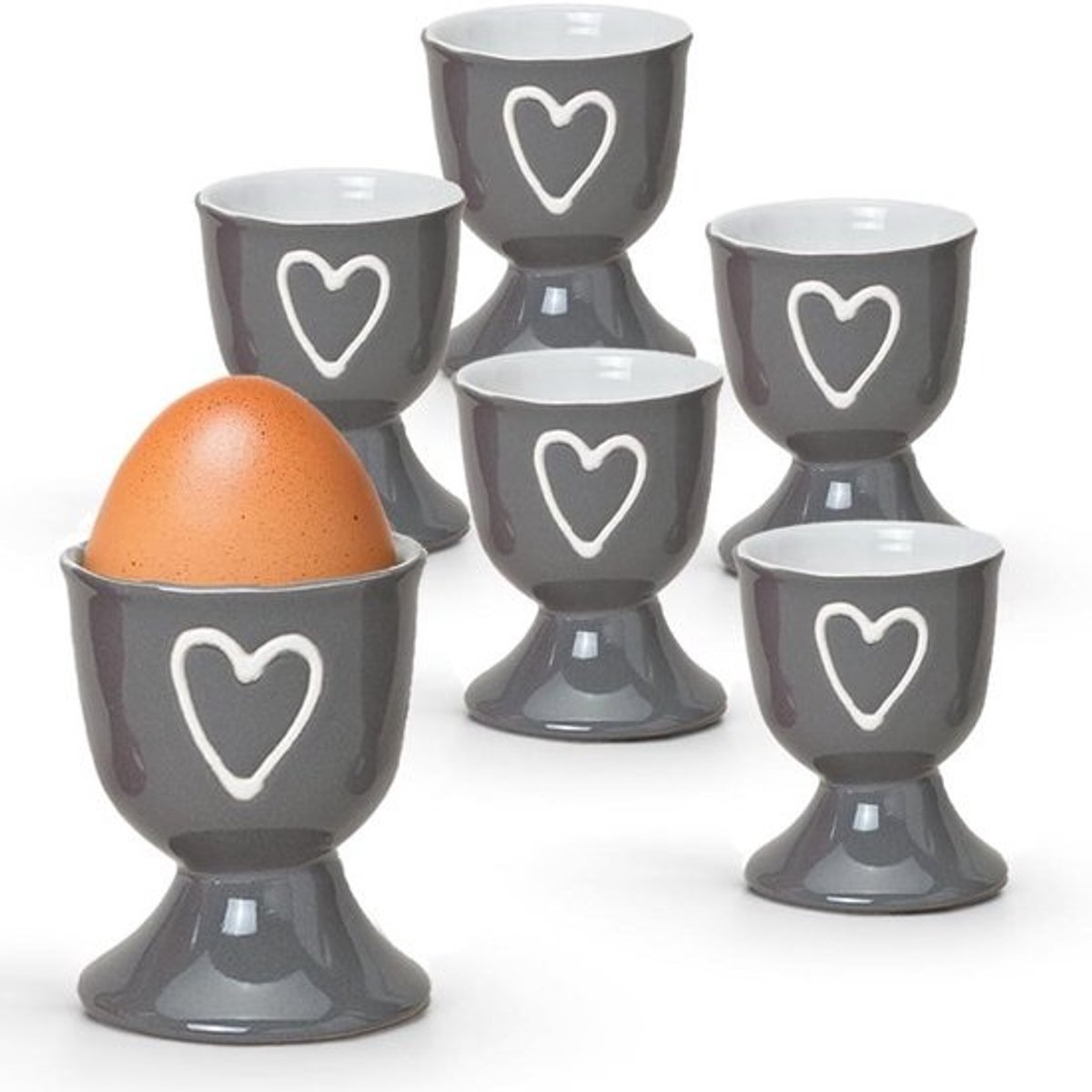 Eierdopjes set - Keramiek onderzetters - Ontbijt tafeldekking - Landelijke stijl hartjes - Set van 6 - Grijs