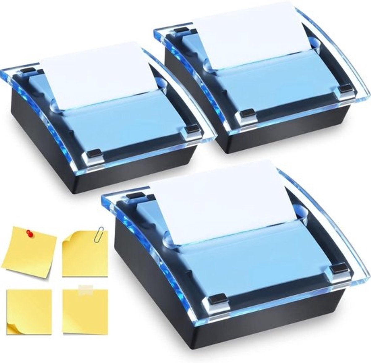 Notitie Dispenser - Kleverige notitie houder - Bureau organiseren - Eén hand bediening - 3 stuks - Zwart transparant