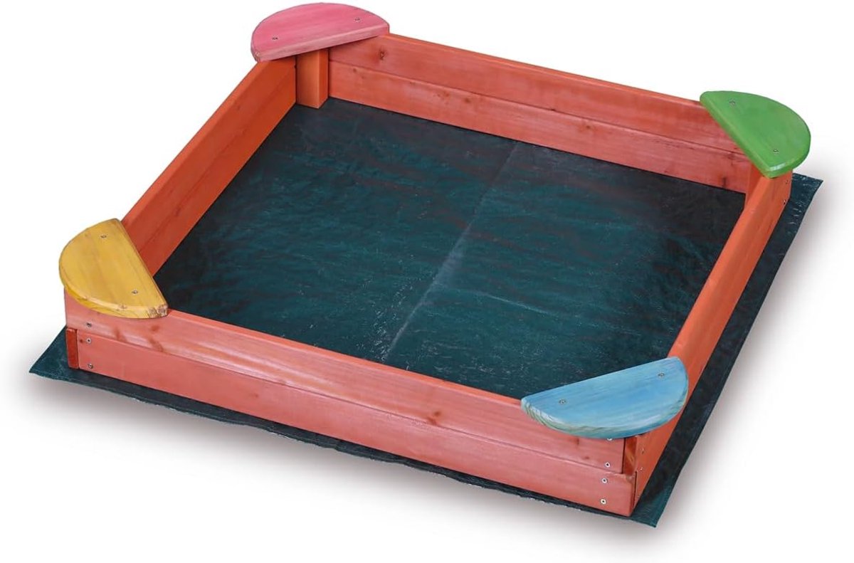 Zandbak voor kinderen buiten van gelakt hout "Fantasy" 100 x 100 x 17 cm met zitplaatsen, robuust en veilig