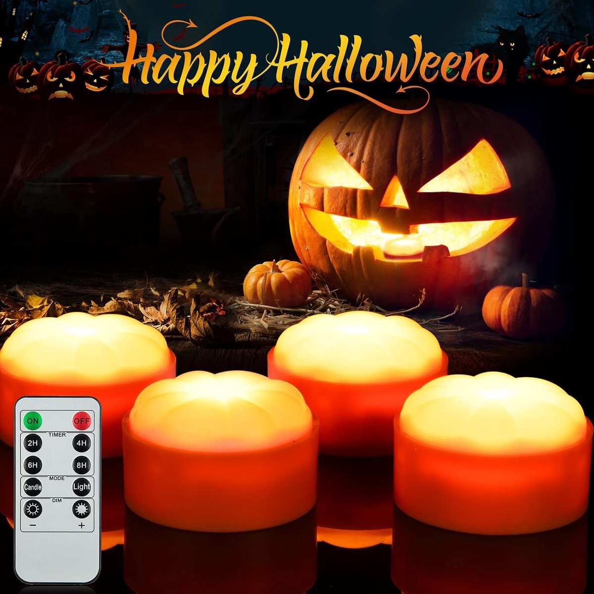 Halloween Pompoenverlichting, led-jack-o-lantaarn, buiten, werkt op batterijen, vlamloze flikkerende kaarsen, warm wit, met afstandsbediening en timer, theelichtjes voor pompoen