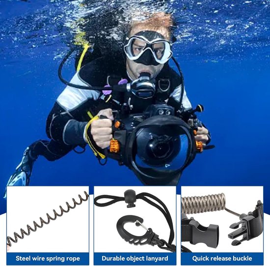 2 duikcamera's, anti-verlieskabel, duiken, spiraalkabel, duikuitrusting, koord, duikaccessoires, met clips, snelsluiting voor duiken, snorkelen, klimmen, onderwatercamera — afbeelding 3