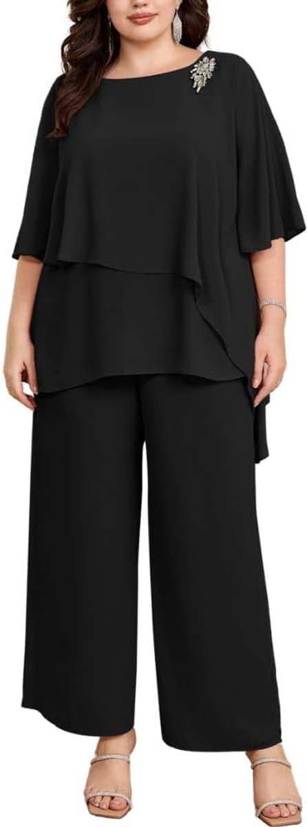 Nikole Elegante avondpakset voor dames, grote maat, 2-delige set, cocktailparty, feestelijk broekpak, tweedelig, chiffon shirt en broek met hoge taille